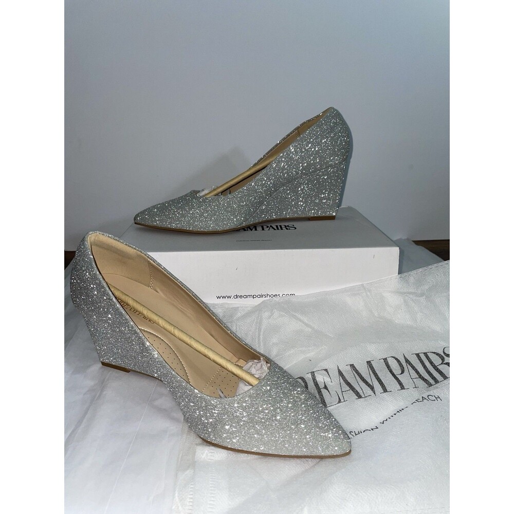 Dream Pairs Silver Glitter Wedge Pumps Pointed Toe Prom Bridal Shoes Sz 9 NEW